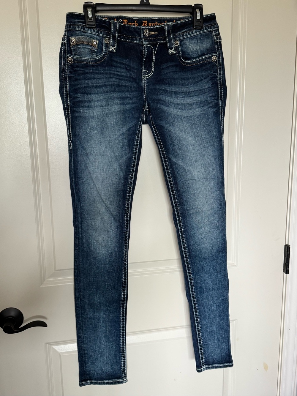 Rock Revival Women's Dark Blue Skinny Jeans with Contrast Stitching